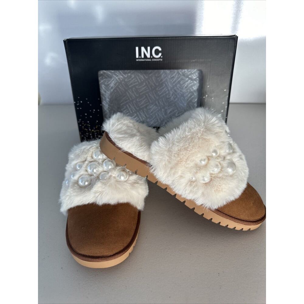 INC Faux Fur Slipper With Pearls Size 8